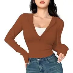 GENERICO - Chompa Mujer Cierre 463G-27 Hilo Tacto Jalapitas Capucha Color Camel