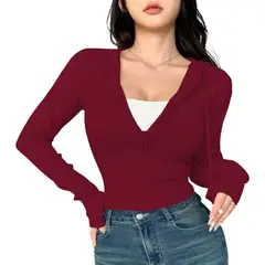 GENERICO - Chompa Mujer Cierre 463G-27 Hilo Tacto Jalapitas Capucha Color Guinda