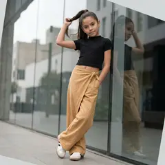 GENERICO - Pantalón Palazzo Niña con Lazo Camel - Cómodo y Elegante - Tallas 10 - 12 - Angela Kids