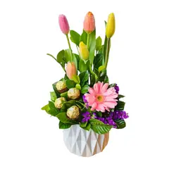D'AMOUR - Maceta de Tulipanes gerbera y chocolates