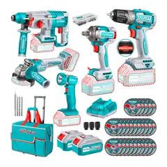 TOTAL TOOLS - Atornillador + Amoladora + Rotomartillo +linterna 20v- Total