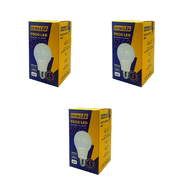 Pack 3 Focos LED 7W Luz Blanca E27 6500K Bajo Consumo