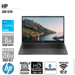 HP - LAPTOP 250 G10 15.6" LCD LED HD SVA CORE I3-N305 1.80 / 3.80GHZ 8GB DDR4 SIN SISTEMA OPERATIVO