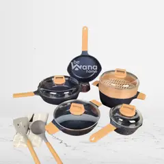 OEM - Set Ollas Roca Volcánica Antiadherente con Vaporizador Bambú 13pcs AZUL - MGC