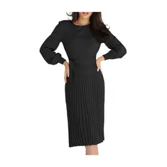 GIOIO - Vestido Punto Plisado Figura Esbelta Midilargo Básico​ Negro