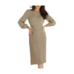 GIOIO - Vestido Punto Plisado Figura Esbelta Midilargo Básico​ Marrón