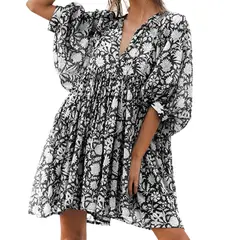 GIOIO - Vestido Estampado Fluido Lazos Diseñador Retro Urbano Figura Esbelta​