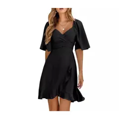 GIOIO - Vestido Liso Escote V Volantes Cintura Ajustada Fresco Verano​ Negro