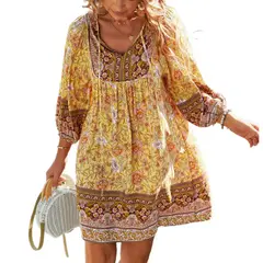 GIOIO - Vestido Vacaciones Estampado Escote V Casual Figura Esbelta​ Amarillo