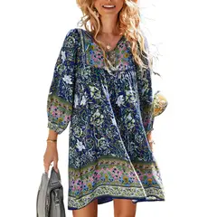 GIOIO - Vestido Vacaciones Estampado Escote V Casual Figura Esbelta​ Azul