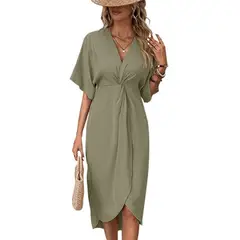 GIOIO - Vestido Liso Asimétrico Manga Raglán Minimalista Urbano Cita​ Verde