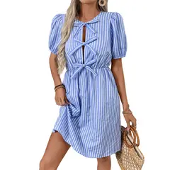 GIOIO - Vestido Rayas Retro Cuello Redondo Lazo Elegante Estilo Occidental