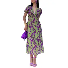 GIOIO - Vestido Escote V Manga Corta Pliegues Estampado Figura Esbelta​