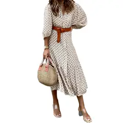 GIOIO - Vestido Largo Estampado Escote V Cinturón Elegante Minimalista Urbano​