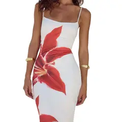 GIOIO - Vestido Floral Tirantes Finos Figura Esbelta Largo Elegante​ Rojo