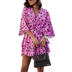 GIOIO - Vestido Corto Estampado Escote V Manga Murciélago Cintura Ajustada