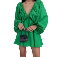 GIOIO - Vestido Escote V Manga Globo Larga Voluminoso Diseñador​ Verde