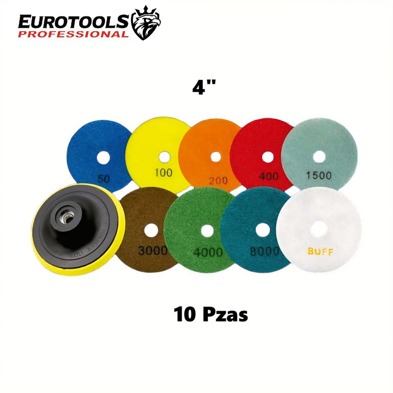 Base + 9 Discos Almohadillas Pulidor 4" para Granito EUROTOOLS