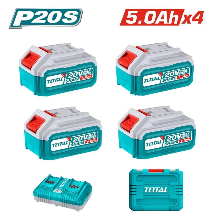 Baterías 20v 5ah Pack De 4 + Cargador Rápido Y Maletín Total-TFBCLI20245