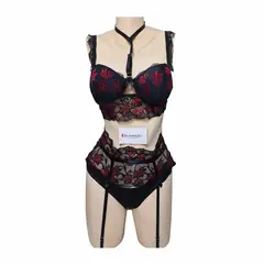 GENERICO - LENCERIA SEXY NEGRO Y ROJO 3 PIEZAS