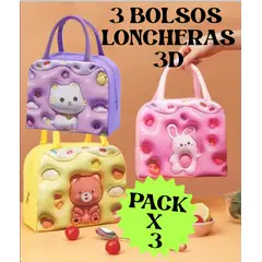 GENERICO - PACK 3 LONCHERAS BOLSOS PARA ALIMENTOS DISEÑO KAWAII - MULTICOLORES 3D