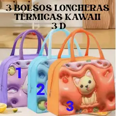 GENERICO - PACK 3 LONCHERAS BOLSOS TÉRMICO ALIMENTOS KAWAII 3D- MULTICOLORES