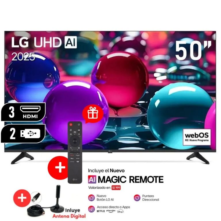 Televisor 50" Ultra HD 4K AI ThinQ 50UA7300PSB Modelo 2025 + Control Magic + Antena Digital