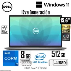 DELL - Laptop Inspion 15 3520 (C3P56) Intel Core i7-1255U 8GB RAM 512GB SSD 15.6" FHD Win 11 - Silver
