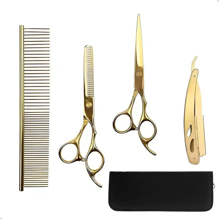 Set De Tijeras Doradas Peluqueria Corte Pulir y Navaja