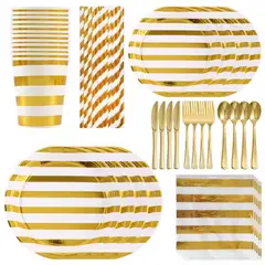 PIA COPELLO STORE - Set de Vajilla Descartable 80 Piezas - Rayas Dorado