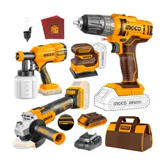 INGCO TOOLS - Taladro Atornillador + Amoladora+ Lijadora+ Pistola Pintar