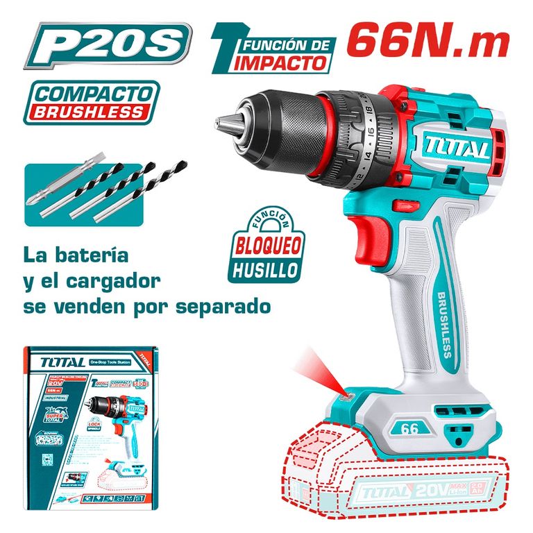 TALADRO PERCUTOR ATORNILLADOR 20V 66NM INDUSTRIAL 13MM BRUSHLESS TIDL