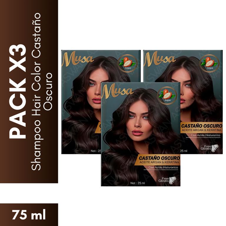 Pack x3 Shampoo Hair Color Castaño Oscuro 25 ml - MUSA