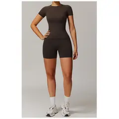 TIOZONEY - Camiseta deportiva de manga corta para mujer-Marrón