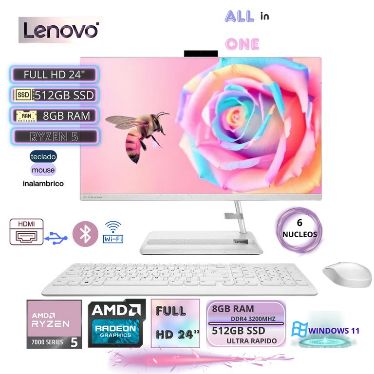 All in One IdeaCentre AIO 3 AMD Ryzen 5 7430U, 8GB ram, 512GB SSD