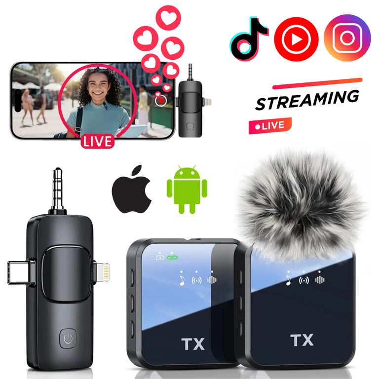 Microfonos Inalambricos Solaperos Recargables Dual 3 en 1 Para Creadores Contenido Live Streaming
