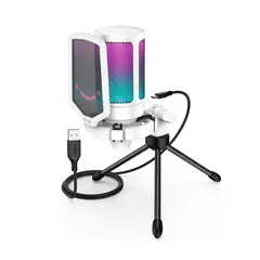 FIFINE - Micrófono A6V Blanco USB Condensador Cardioide con RGB y Mute