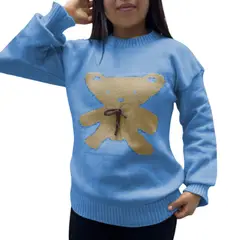 GENERICO - Chompa Mujer Osito 359G-25 Hilo Tacto Color Celeste