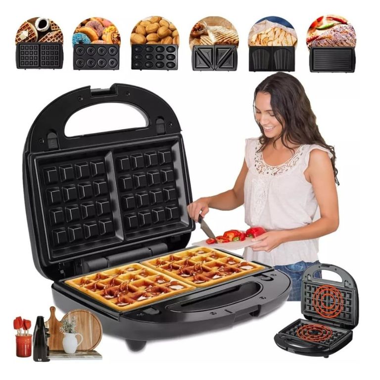 Máquina Raf 6 En 1 Waflera Sandwichera Donuts Parrilla Antiadherente