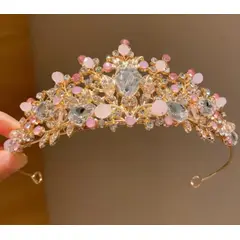 GENERICO - Tiara Corona Cumpleaños Rosada Piedras y Cristales