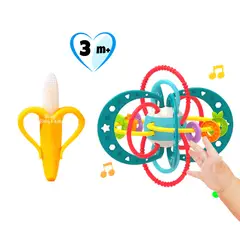 HUANGER - Pack Bebé Juguete Sonajero Azul + Mordedor Banana Amarillo