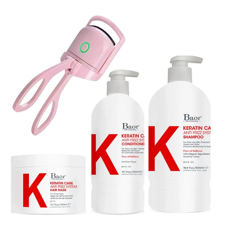 BAOR K - Pack Shampoo + Acondicionador + Mascarilla + Rizador rosado