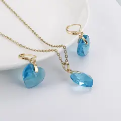 GENERICO - Set Collar Y Aretes Dorado Celeste Corazón Cristal Swarovski