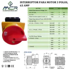 GENERICO - SECCIONADOR O INTERRUPTOR PARA MOTOR 3 POLOS, 63 AMP