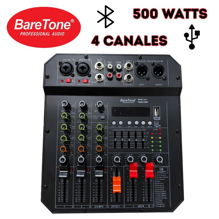 Mezcladora Amplificada AJ4 500W 04 canales Interfaz AD-DA USB