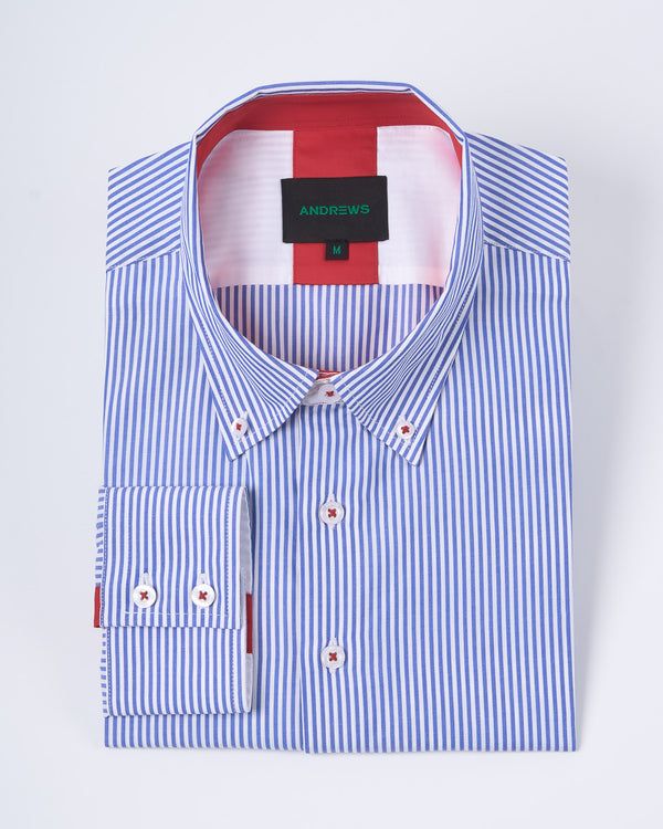 Camisa Casual A Rayas Azul con detalle Rojo