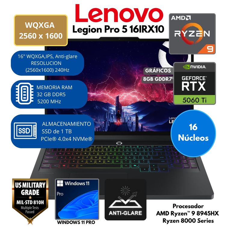 Laptop LEGION PRO 5 AMD RYZEN 9 RAM 32GB SSD 1TB NVIDIA GEFORCE RTX 5060 con 8 GB 16" WQXGA