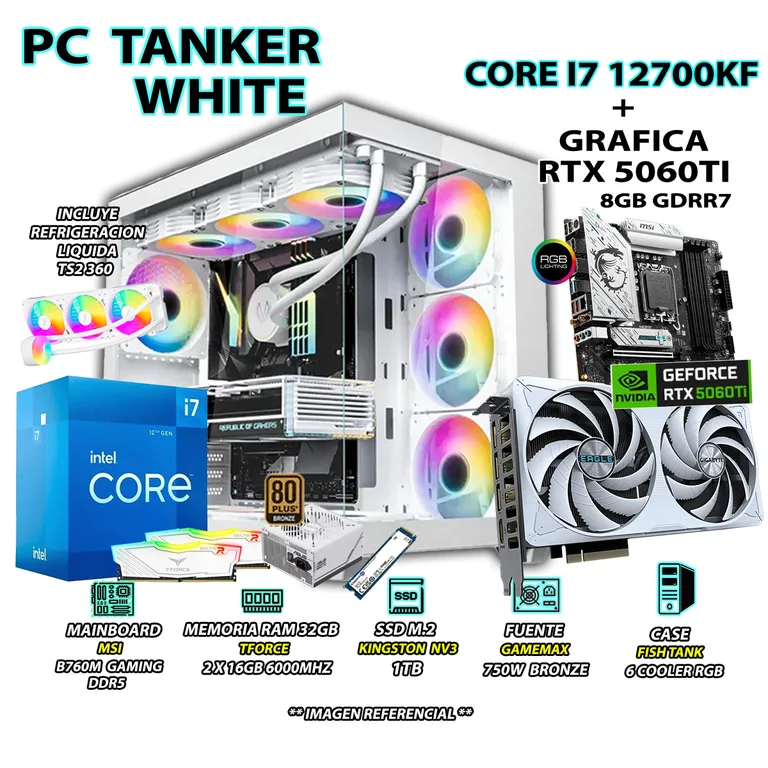 Computadora PC Gamer Core i7 12700KF RAM 32GB SSD 1TB GRAFICA RTX 5060TI 8GB