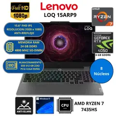 LENOVO - Laptop LOQ GAMER 15ARP9 AMD RYZEN 7-RAM 24 GB SSD 512 GB 15.6" FHD RTX 4050 con 6 GB GDDR6