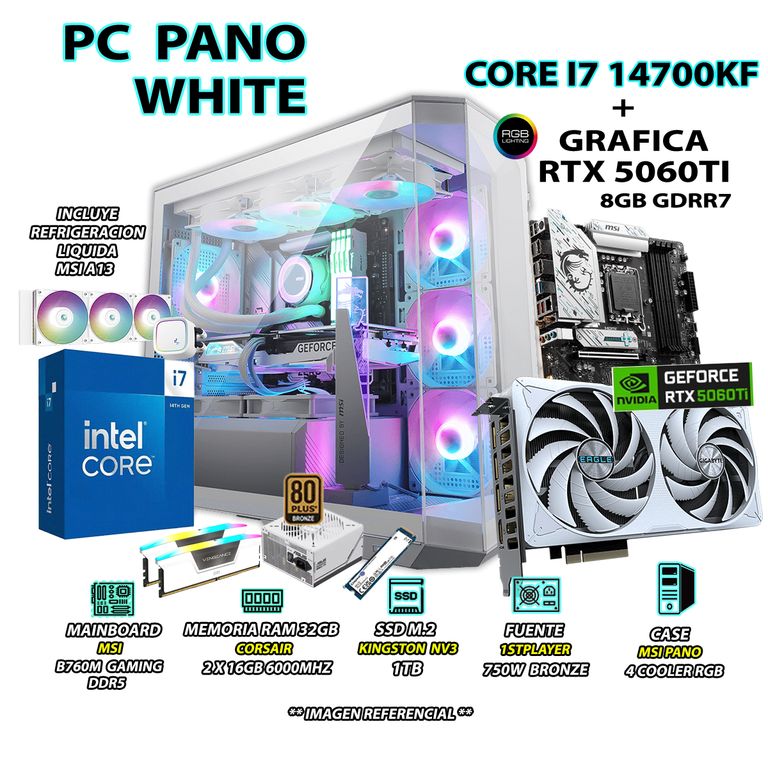 Computadora PC Gamer Core i7 14700KF RAM 32GB SSD 1TB GRAFICA RTX 5060TI 8GB